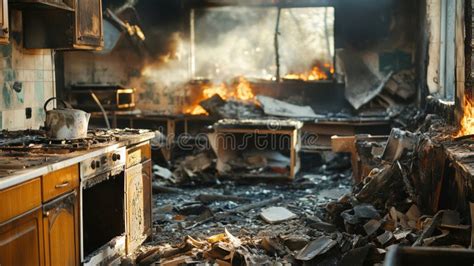Photo showing damage inside a burned apartment, especially in a kitchen area