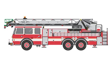 Detailed drawing or illustration of a fire truck and various firefighter equipment
