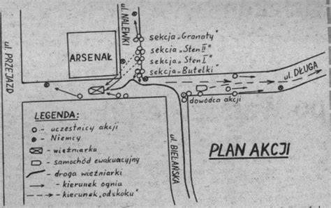 Mapa miejsca akcji pod Arsenałem w Warszawie (ul. Bielańska, Długa, Nalewki)