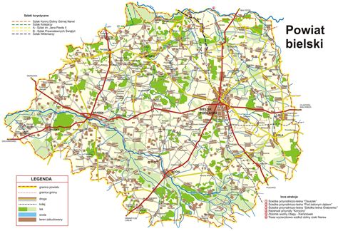 Mapa powiatu bielskiego z zaznaczonymi miejscami pożarów i bazami OSP