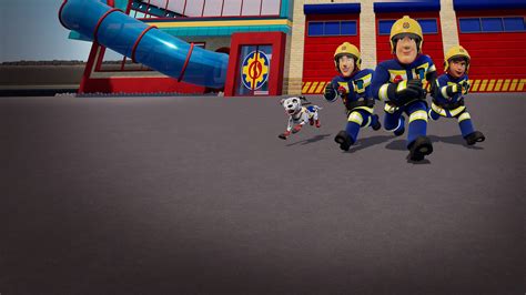 The boy Norman Price pointing at a UFO in the sky, with Fireman Sam looking concerned