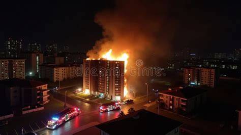 Thematic photo of a building fire at night with emergency services