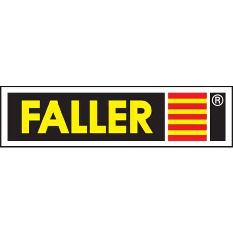 logo firmy Faller oraz przykładowe produkty (budynki, figurki, pojazdy)
