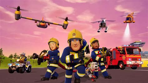 Thematic photo of Fireman Sam and his friends, perhaps with a fire truck in the background