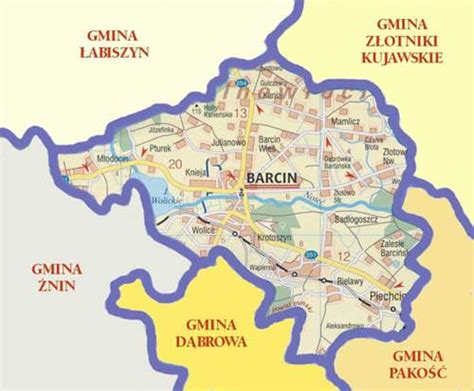 Mapa gminy Barcin z zaznaczonymi jednostkami OSP oraz lokalizacją remiz w Barcinie i Piechcinie