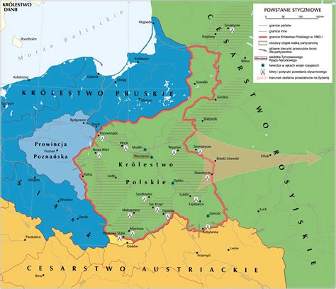 Mapa działań Powstania Wielkopolskiego z zaznaczonymi kluczowymi miejscami bitew