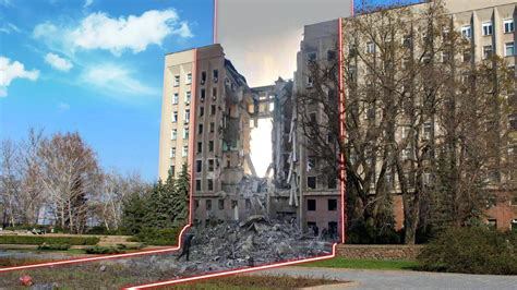 Zdjęcie ruin bloku po eksplozji, pokazujące skalę zniszczeń konstrukcji żelbetowej.