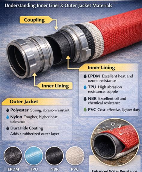 Infographic showing cross-section of a fire hose with layers