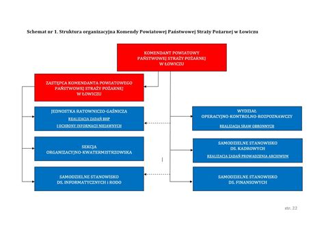 Ilustracja przedstawiająca strukturę organizacyjną Państwowej Straży Pożarnej, podkreślająca różne szczeble dowodzenia i odpowiedzialności.