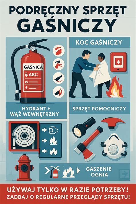 infografika przedstawiająca sprzęt gaśniczy i techniki walki z pożarem