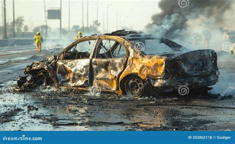 Thematic photo: A burnt-out car on a highway shoulder with emergency vehicles in the background