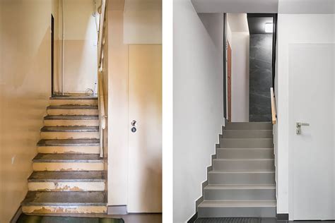 Widok klatki schodowej bloku zadymionej po pożarze