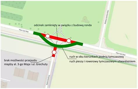 schemat zamkniętych ulic i utrudnień w ruchu w Gliwicach