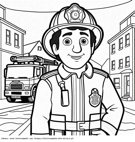 Ilustracja przedstawiająca Strażaka Sama z wozem strażackim w Pontypandy