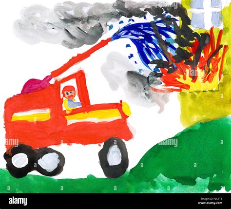 Thematic photo: child drawing a fire truck