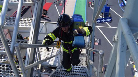 infografika przedstawiająca schemat toru przeszkód Toughest Firefighter Challenge z zaznaczonymi etapami: wbieganie po schodach, wyważanie drzwi, slalom, odcinek wytrzymałościowy, przenoszenie manekina