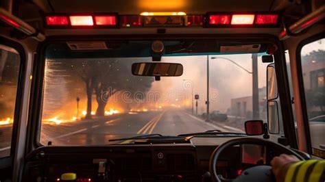 Thematic photo of an OSP driver in a fire truck cabin, focused on the road, with emergency lights on