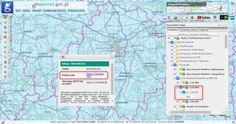 Zrzut ekranu z Geoportalu pokazujący dane PRG z możliwością pobrania