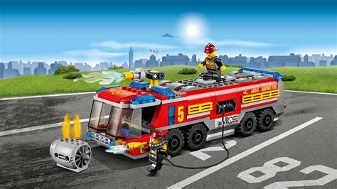 The LEGO City Airport Fire Truck 60061 in action, spraying water from its cannon
