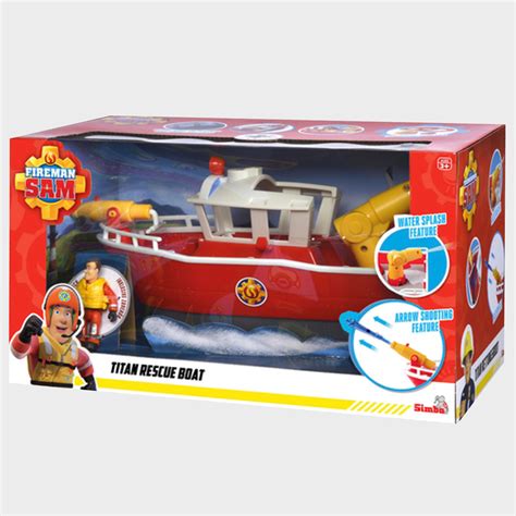 The Fireman Sam Neptun rescue boat toy floating on water, with a figure inside.