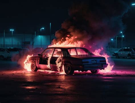 Thematic photo of a burning car on a parking lot
