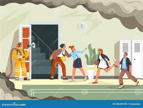 Infographic or illustration showing police and firefighters evacuating residents from a burning building