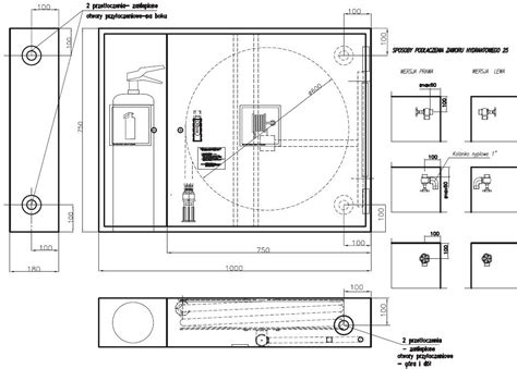 Schematyczny rysunek hydrantu wewnętrznego DN33 wnękowego z zaznaczonymi punktami przyłączeniowymi