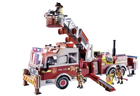 Infographic showing various Playmobil fire department vehicles and accessories