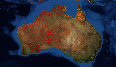 Wizualizacja pożarów w Australii, pokazująca skalę zniszczeń na mapie kontynentu.