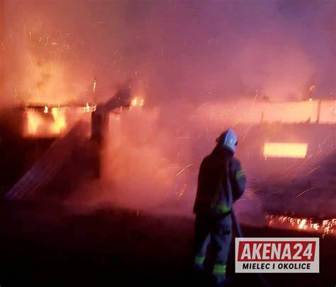zdjęcie akcji gaśniczej altanki w nocy, widoczne maszty oświetleniowe