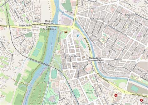 Mapa obszaru pożaru w Jamnicy, Nowy Sącz z zaznaczonymi ulicami Jamnicką, Długoszowskiego i rzeką Kamienica