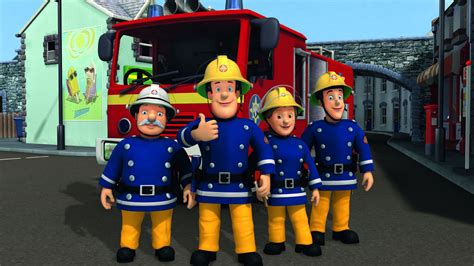 Ilustracja przedstawiająca Strażaka Sama i jego przyjaciół z miasteczka Pontypandy