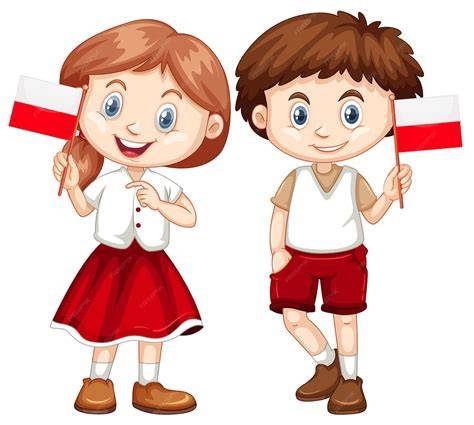 Ilustracja dzieci z polskimi flagami i orłem w tle