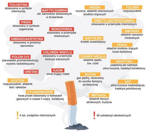 Infografika przedstawiająca skład dymu papierosowego: ponad 7 tys. substancji chemicznych, w tym substancje rakotwórcze, tlenek węgla i metale ciężkie.