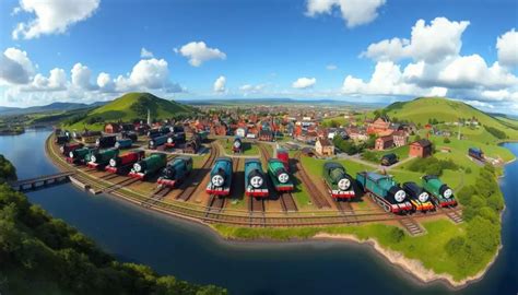 Ilustracja przedstawiająca krajobraz Wyspy Sodor z parowozami i innymi pojazdami