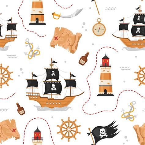 Ilustracja pirackiego statku z piratami i mapą skarbów