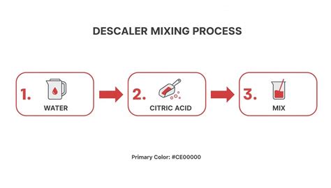 Infographic showing step-by-step descaling process with citric acid