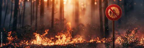 Thematic photo of a forest fire during a drought or a sign prohibiting entry to the forest due to fire risk