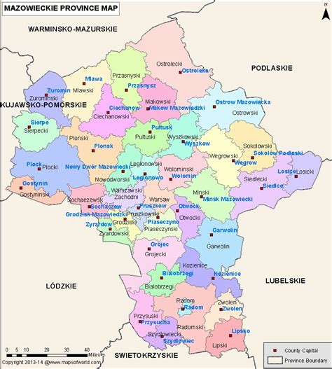 Mapa Mazowsza z zaznaczonym subregionem siedleckim i powiatem mińskim