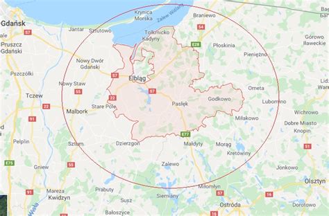 Mapa powiatu braniewskiego i elbląskiego z zaznaczonymi miejscowościami Gronowo