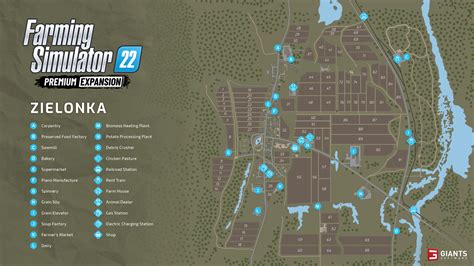 Widok z góry na mapę w Farming Simulator 17 z zaznaczonymi polami i punktami skupu