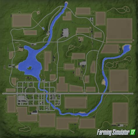Zrzut ekranu z mapy Goldcrest Valley w Farming Simulator 17, pokazujący góry i jezioro