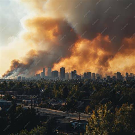 Thematic photo of a large fire, black smoke over a city skyline