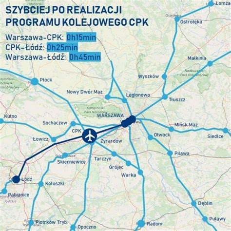 Mapa strategicznych połączeń kolejowych i lotniskowych w Polsce, uwzględniająca CPK i Lotnisko Chopina