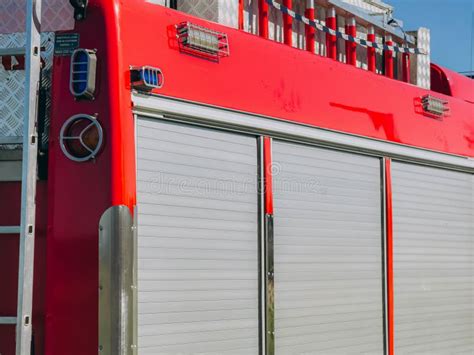 Detailed view of a fire truck's side compartments