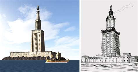 wizualizacja latarni morskiej na Faros z okresu jej świetności