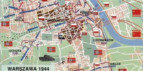 Mapa Warszawy z zaznaczonymi kluczowymi miejscami walk Powstania Warszawskiego