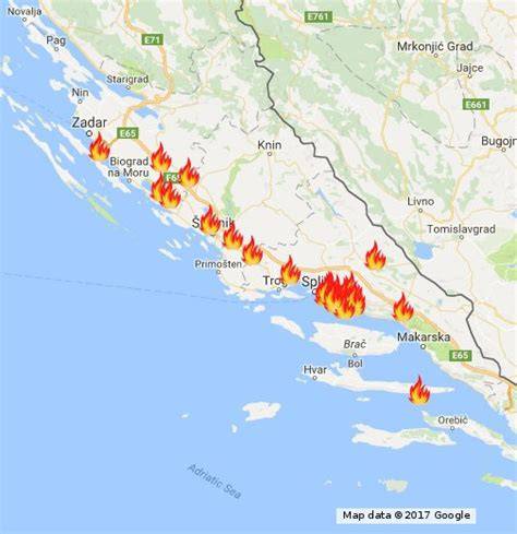 mapa Chorwacji z zaznaczonymi ogniskami pożarów