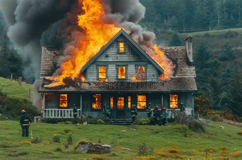 Thematic photo of a burning house with firefighters