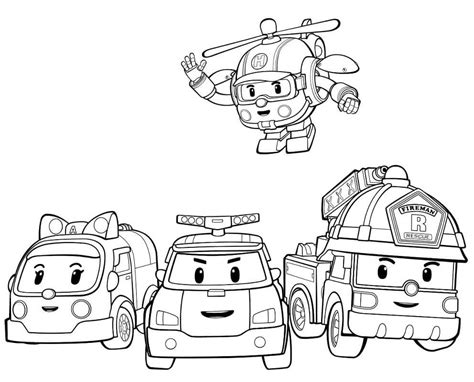 Grafika przedstawiająca główny zespół pojazdów z serialu Robocar Poli w akcji ratunkowej